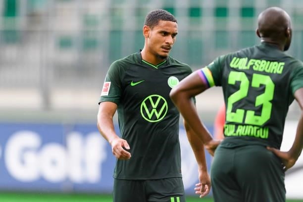 Maxence Lacroix of VfL Wolfsburg looks on during the Pre-Season Match between VfL Wolfsburg and Holstein Kiel at AOK-Stadion on July 14, 2021 in...