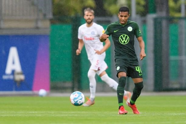 Joao Victor of VfL Wolfsburg controls the ball during the Pre-Season Match between VfL Wolfsburg and Holstein Kiel at AOK-Stadion on July 14, 2021 in...