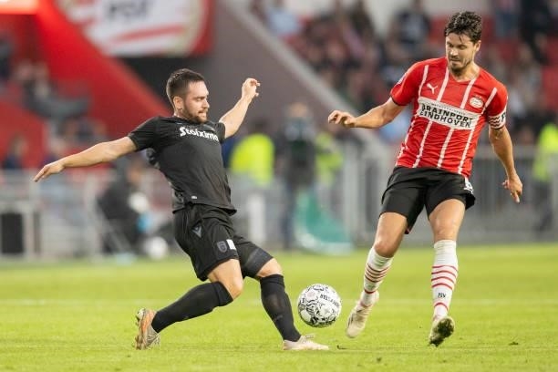 Andrija Zivkovic of PAOK FC and Marco van Ginkel of PSV Eindhoven battle for the ball during the Pre-Season Friendly match between PSV Eindhoven and...