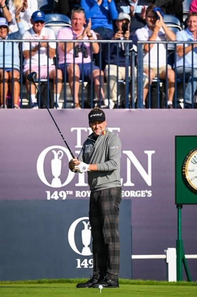 Ian Poulter of England smiles on the first tee during Day One of the 149th The Open Championship at Royal St. Georges Golf Club on July 15, 2021 in...