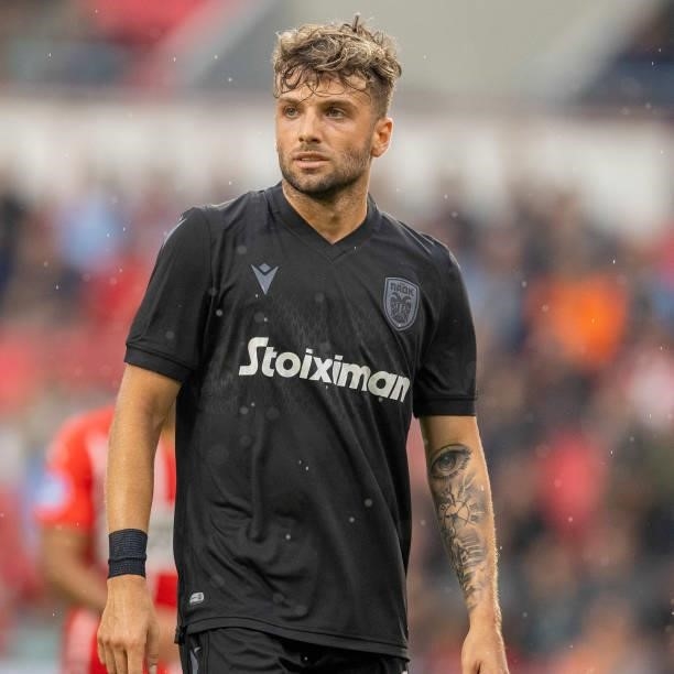 Lazaros Lamprou of PAOK FC looks on during the Pre-Season Friendly match between PSV Eindhoven and PAOK FC at Philips Stadion on July 14, 2021 in...