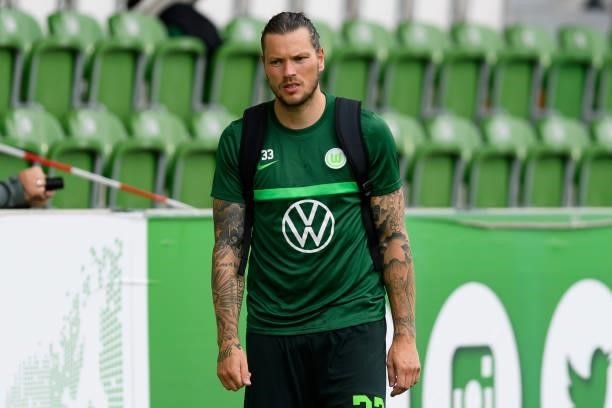 Daniel Ginczek of VfL Wolfsburg looks on during the Pre-Season Match between VfL Wolfsburg and Holstein Kiel at AOK-Stadion on July 14, 2021 in...