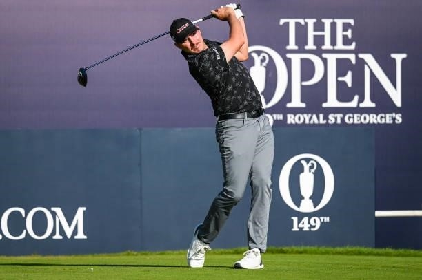 Joel Dahmen at follows through as he plays his shot from the first tee during Day One of the 149th The Open Championship at Royal St. Georges Golf...