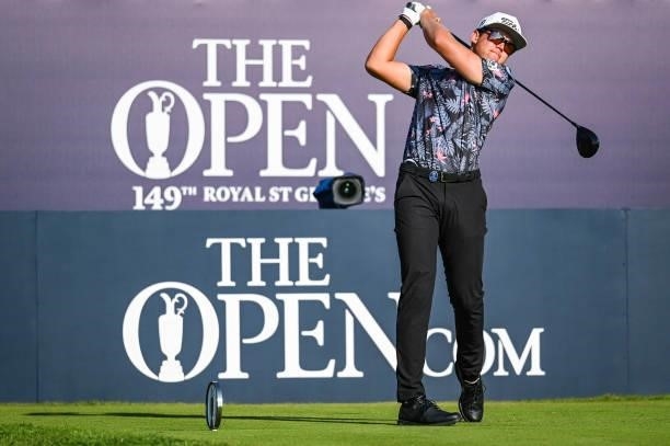 Garrick Higgo of South Africa plays his shot from the first tee during Day One of the 149th The Open Championship at Royal St. Georges Golf Club on...