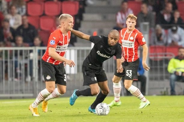 Philipp Max of PSV Eindhoven and Lucas Taylor of PAOK FC battle for the ball during the Pre-Season Friendly match between PSV Eindhoven and PAOK FC...