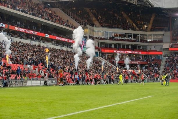 General view inside the stadium with pyrotechnics during the Pre-Season Friendly match between PSV Eindhoven and PAOK FC at Philips Stadion on July...