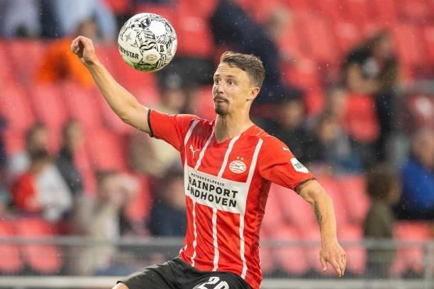 Olivier Boscagli of PSV Eindhoven controls the ball during the Pre-Season Friendly match between PSV Eindhoven and PAOK FC at Philips Stadion on July...