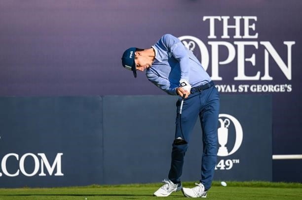 Joaquin Niemann of Chile at impact as he plays his shot from the first tee during Day One of the 149th The Open Championship at Royal St. Georges...