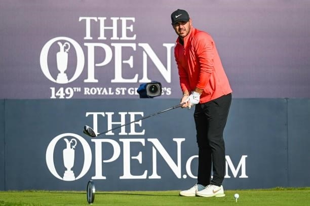 Brooks Koepka prepares to tee off on the first hole during Day One of the 149th The Open Championship at Royal St. Georges Golf Club on July 15, 2021...