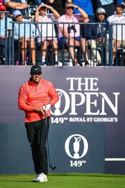 Brooks Koepka reacts to his tee shot on the first hole during Day One of the 149th The Open Championship at Royal St. Georges Golf Club on July 15,...