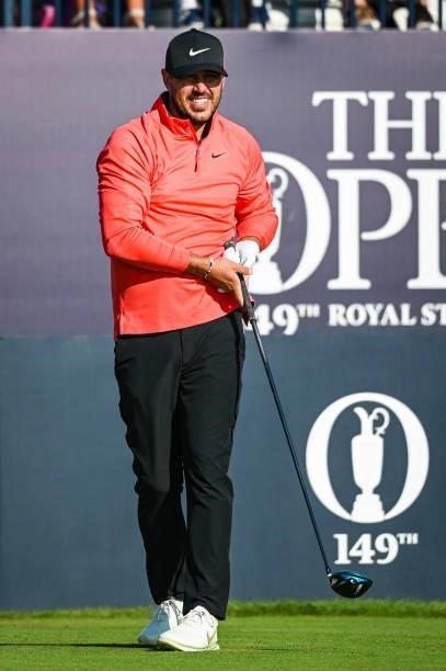 Brooks Koepka reacts to his tee shot on the first hole during Day One of the 149th The Open Championship at Royal St. Georges Golf Club on July 15,...