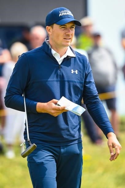 Jordan Spieth smiles on the ninth hole green during Day One of the 149th The Open Championship at Royal St. Georges Golf Club on July 15, 2021 in...