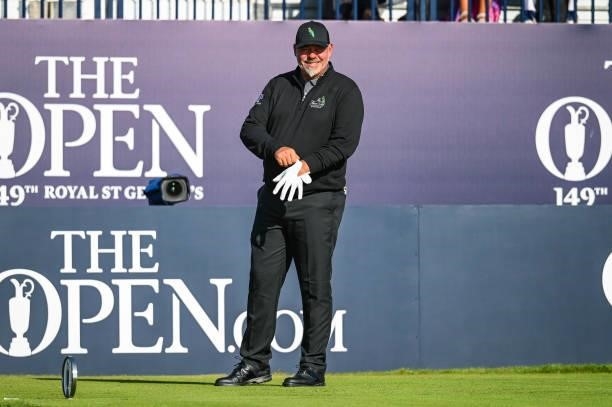 Darren Clarke of Northern Ireland smiles on the first tee during Day One of the 149th The Open Championship at Royal St. Georges Golf Club on July...