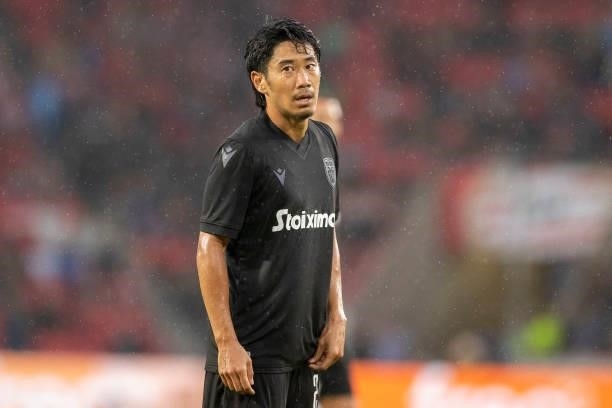 Shinji Kagawa of PAOK FC looks on during the Pre-Season Friendly match between PSV Eindhoven and PAOK FC at Philips Stadion on July 14, 2021 in...