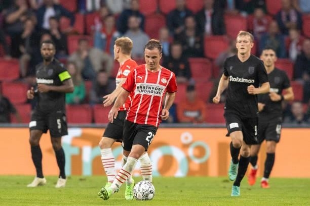 Mario Goetze of PSV Eindhoven controls the ball during the Pre-Season Friendly match between PSV Eindhoven and PAOK FC at Philips Stadion on July 14,...