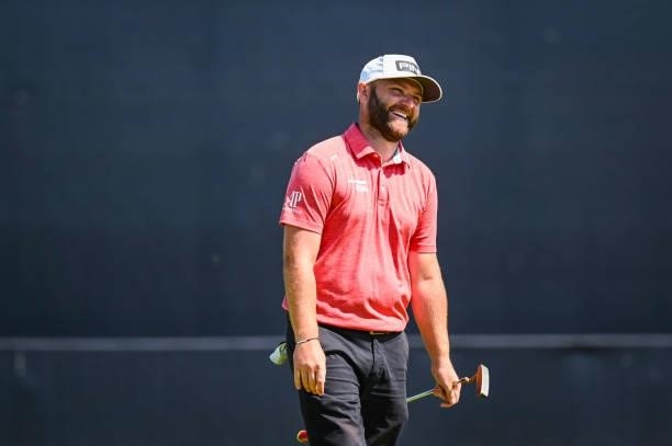 Andy Sullivan of England smiles after making a birdie on the 18th hole green during Day One of the 149th The Open Championship at Royal St. Georges...