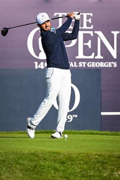 Abraham Ancer takes a practice swing on the first tee during Day One of the 149th The Open Championship at Royal St. Georges Golf Club on July 15,...