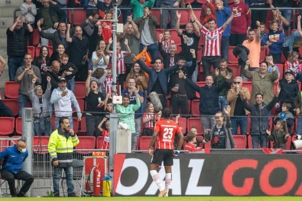 Noni Madueke of PSV Eindhoven celebrates after scoring his team's first goal during the Pre-Season Friendly match between PSV Eindhoven and PAOK FC...