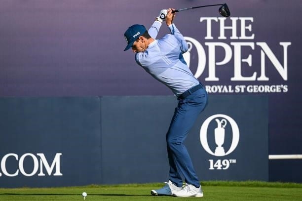 Joaquin Niemann of Chile at the top of his swing as he plays his shot from the first tee during Day One of the 149th The Open Championship at Royal...