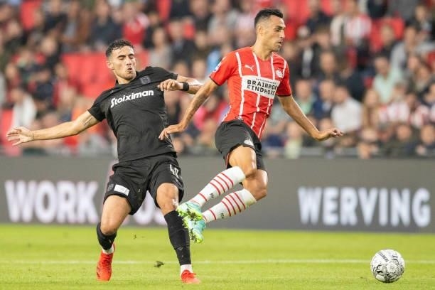 Giannis Michailidis of PAOK FC and Eran Zahavi of PSV Eindhoven battle for the ball during the Pre-Season Friendly match between PSV Eindhoven and...