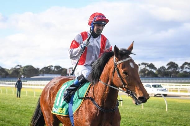 Kevin Bohorun returns to the mounting yard on Millennial Girl after winning the Johns Lyng Regional Builders BM58 Handicap, at Geelong Racecourse on...