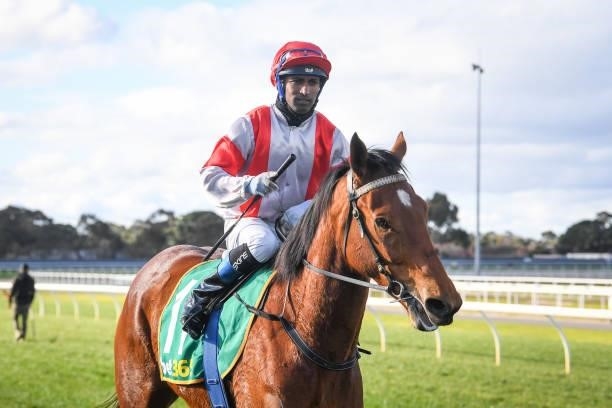 Kevin Bohorun returns to the mounting yard on Millennial Girl after winning the Johns Lyng Regional Builders BM58 Handicap, at Geelong Racecourse on...