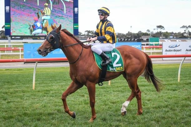 Ben Melham returns to the mounting yard on Out To Win after winning the Geelong Print Solutions BM64 Handicap, at Geelong Racecourse on July 16, 2021...