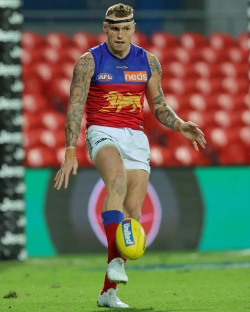 Mitch Robinson brings the ball back into play during the 2021 AFL Round 18 match between the Richmond Tigers and the Brisbane Lions at Metricon...