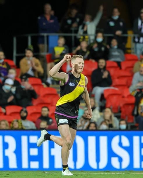 Jack Riewoldt celebrates after kicking a goal during the 2021 AFL Round 18 match between the Richmond Tigers and the Brisbane Lions at Metricon...