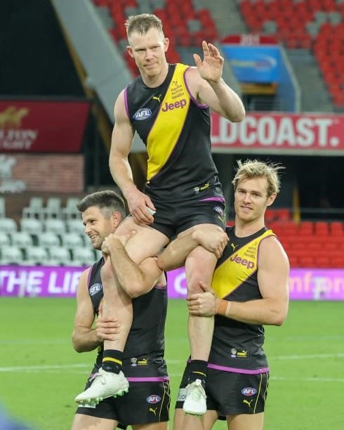 Jack Riewoldt is carried off after Richmond win in his 300th AFL game the 2021 AFL Round 18 match between the Richmond Tigers and the Brisbane Lions...