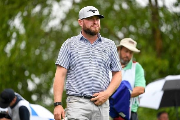 Erik Barnes at the first tee during the second round of the Memorial Health Championship presented by LRS at Panther Creek Country Club on July 16,...
