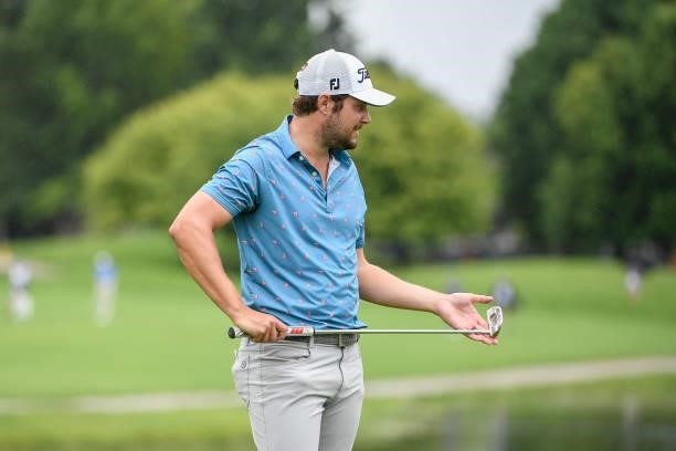 Peter Uihlein at the 18th hole during the second round of the Memorial Health Championship presented by LRS at Panther Creek Country Club on July 16,...