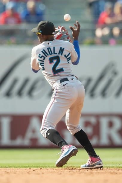Jazz Chisholm Jr. #2 of the Miami Marlins commits an error in the bottom of the third inning against the Philadelphia Phillies during Game One of the...