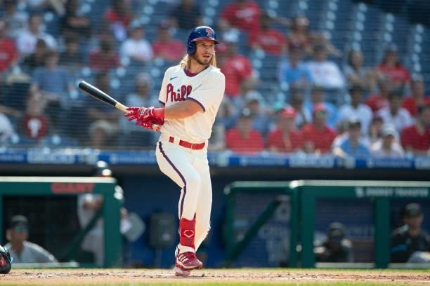 Travis Jankowski of the Philadelphia Phillies hits a three run double in the bottom of the first inning against the Miami Marlins during Game One of...