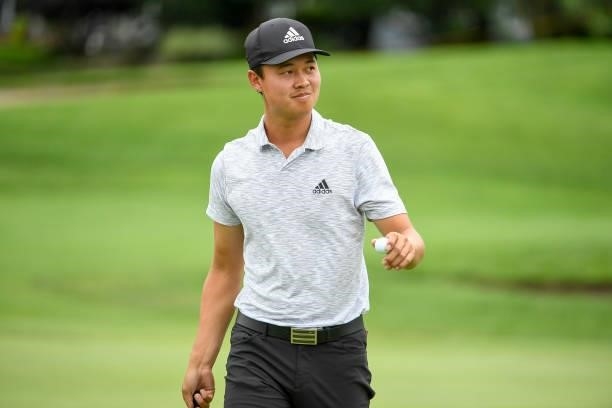 Brandon Wu waves to the fans during the second round of the Memorial Health Championship presented by LRS at Panther Creek Country Club on July 16,...