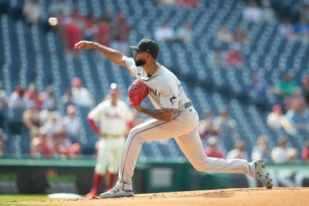 Sandy Alcantara of the Miami Marlins throws a pitch in the bottom of the first inning against the Philadelphia Phillies during Game One of the...