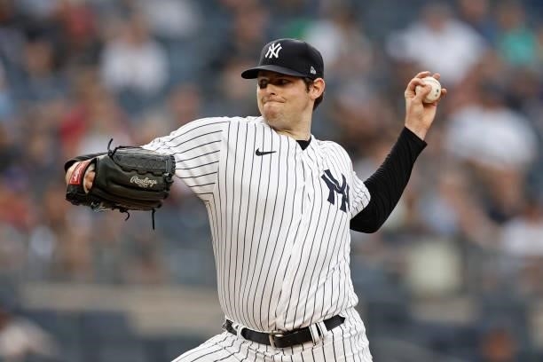 Jordan Montgomery of the New York Yankees pitches during the first inning against the Boston Red Sox at Yankee Stadium on July 16, 2021 in the Bronx...