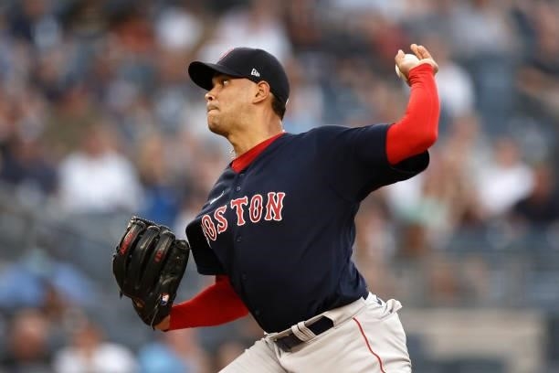 Eduardo Rodriguez of the Boston Red Sox pitches during the first inning against the New York Yankees at Yankee Stadium on July 16, 2021 in the Bronx...