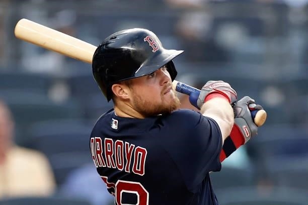Christian Arroyo of the Boston Red Sox hits a 2-run home run during the second inning against the New York Yankees at Yankee Stadium on July 16, 2021...
