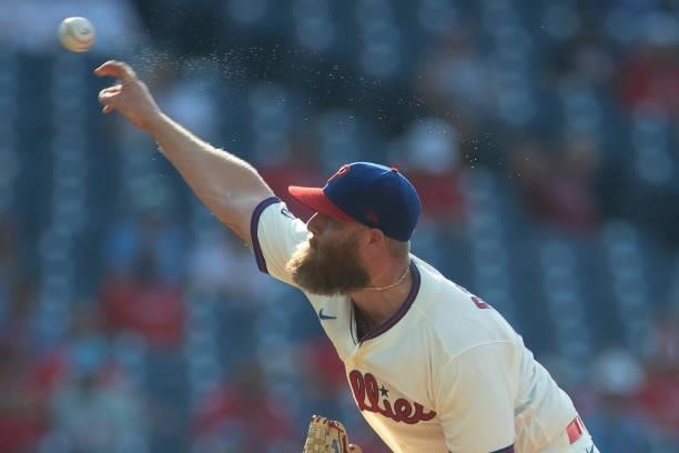 Archie Bradley of the Philadelphia Phillies throws a pitch in the top of the fifth inning against the Miami Marlins during Game One of the...