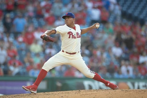 Ranger Suarez of the Philadelphia Phillies throws a pitch in the top of the seventh inning against the Miami Marlins during Game One of the...