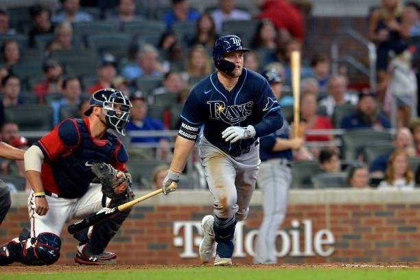Austin Meadows of the Tampa Bay Rays runs to first base in the fifth inning against the Atlanta Braves at Truist Park on July 16, 2021 in Atlanta,...
