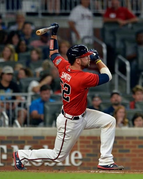 Kevan Smith of the Atlanta Braves bats in the sixth inning against the Tampa Bay Rays at Truist Park on July 16, 2021 in Atlanta, Georgia.