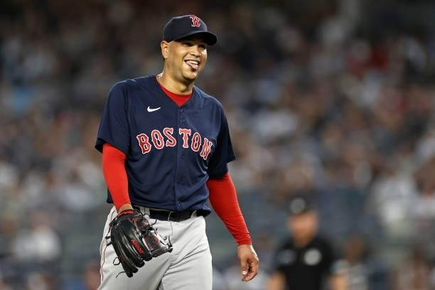 Eduardo Rodriguez of the Boston Red Sox reacts after the final out during the fourth inning against the New York Yankees at Yankee Stadium on July...