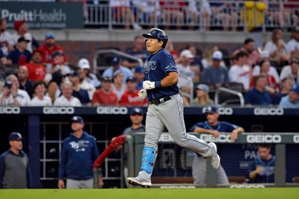 Ji-Man Choi of the Tampa Bay Rays runs to home plate after a home run in the fifth inning against the Atlanta Braves at Truist Park on July 16, 2021...