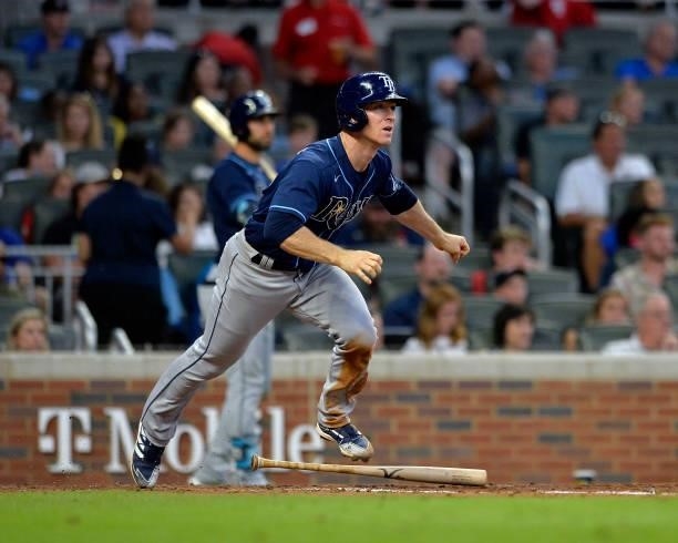 Joey Wendle of the Tampa Bay Rays runs to first base in the fifth inning against the Atlanta Braves at Truist Park on July 16, 2021 in Atlanta,...