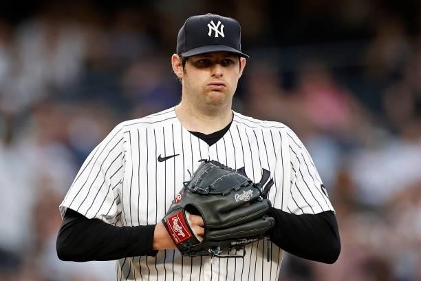 Jordan Montgomery of the New York Yankees reacts during the second inning against the Boston Red Sox at Yankee Stadium on July 16, 2021 in the Bronx...