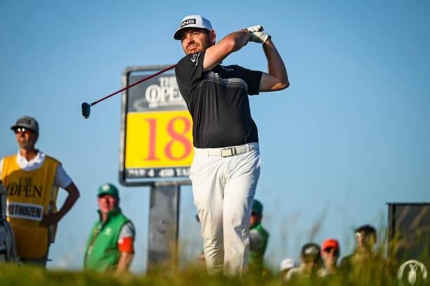 Louis Oosthuizen of South Africa plays his shot from the 18th tee during Day Two of the 149th The Open Championship at Royal St. Georges Golf Club on...