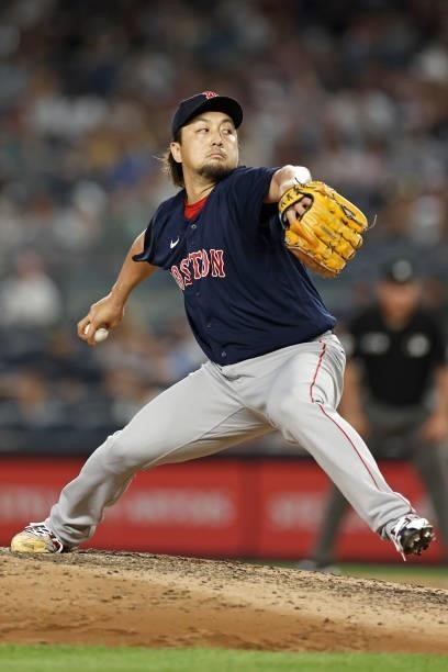 Hirokazu Sawamura of the Boston Red Sox pitches during the sixth inning against the New York Yankees at Yankee Stadium on July 16, 2021 in the Bronx...