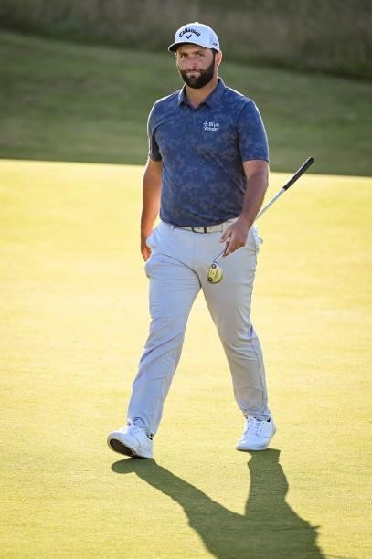 Jon Rahm of Spain walks off the 16th hole green after making a par putt during Day Two of the 149th The Open Championship at Royal St. Georges Golf...
